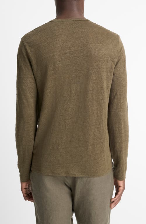 Vince Notch Neck Long Sleeve Slub Linen T-shirt In Olive Leaf