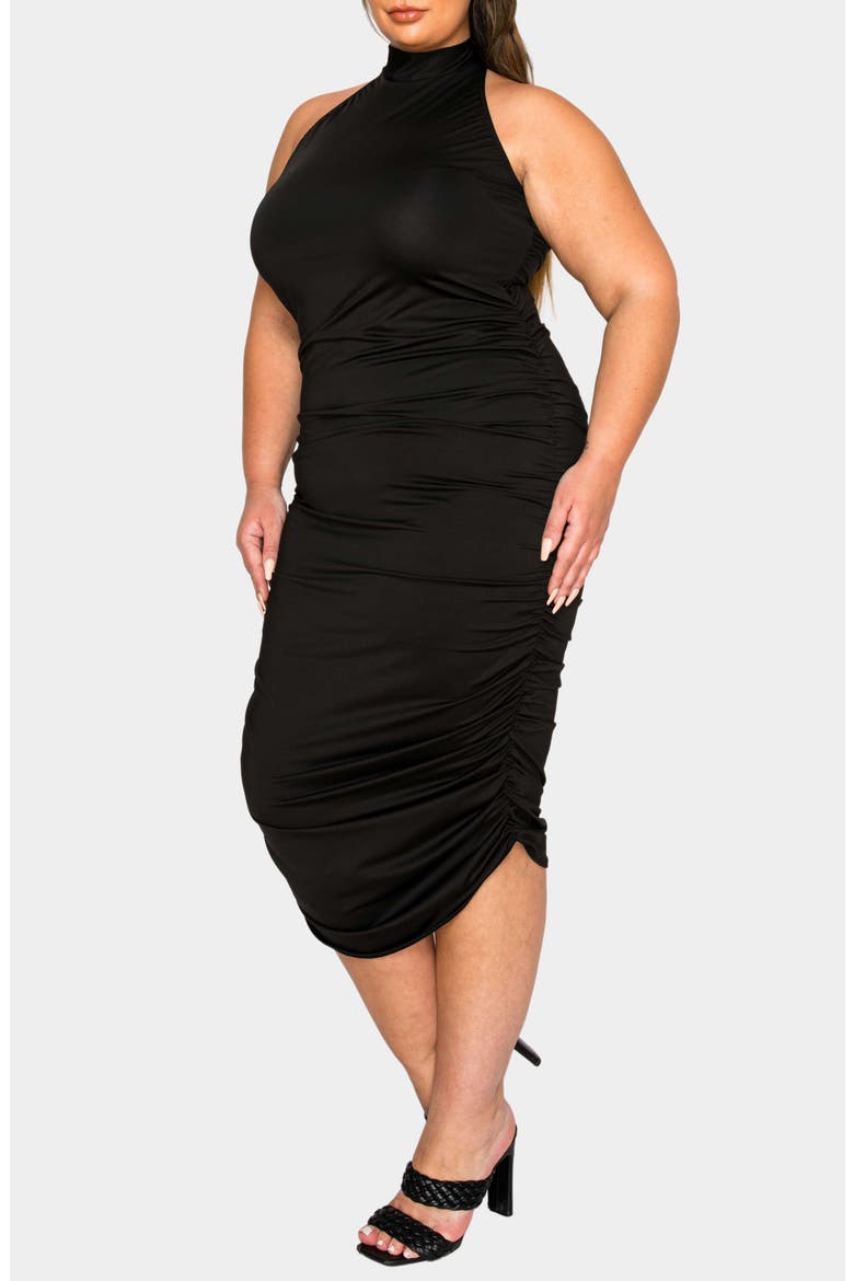 Izzy Ruched Midi Halter Dress, Alternate, color, BLACK