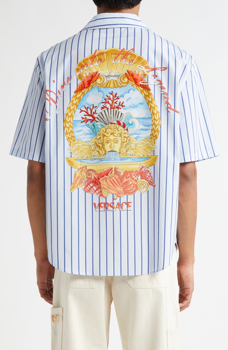 Versace Dive in Crest Cotton Poplin Camp Shirt, Alternate, color, Blue Stripes Multi