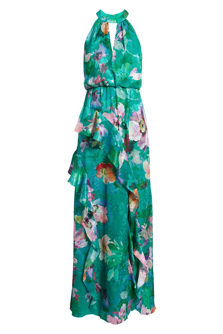 Ruffle Floral Evening Gown, Alternate, color, GREEN MULTI