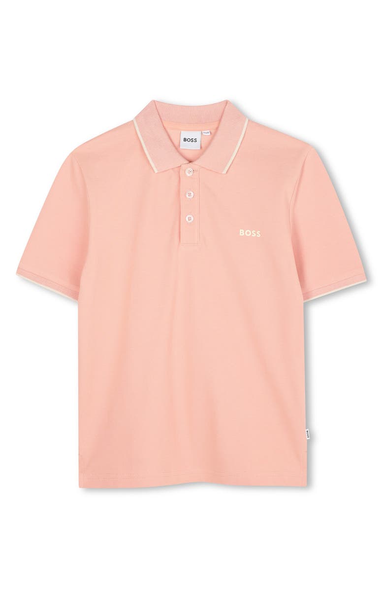 BOSS Kidswear Kids' Tipped Stretch Cotton Piqué Polo, Main, color, Blossom Pink