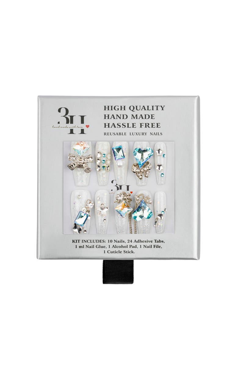 3H Nails Crystal Blue Glam Luxury Handmade Press On Nails, Main, color, White, Teal