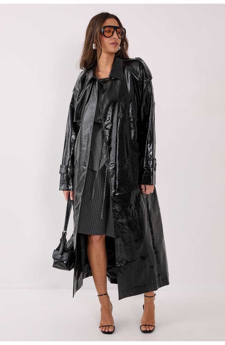 NASTY GAL High Shine Faux Leather Trench Coat, Main, color, Black