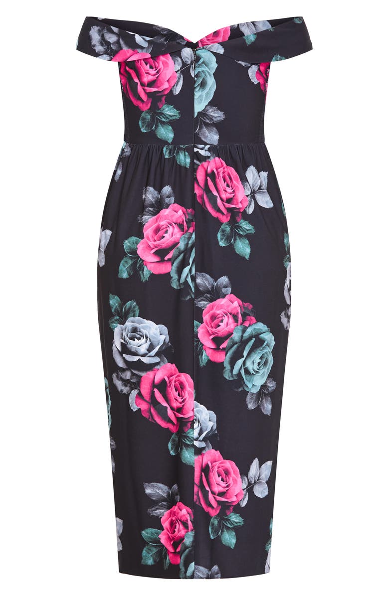 City Chic Clair Print Off the Shoulder Midi Dress, Alternate, color, Black Clementine