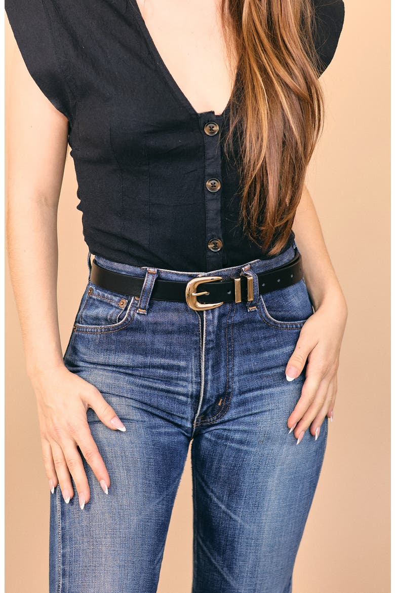Atlas Faux Leather Belt, Alternate, color, BLACK/ GOLD