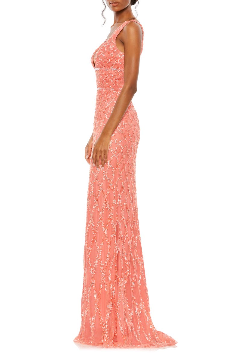 Sequined Plunge Neck Sleeveless Column Gown, Alternate, color, CORAL