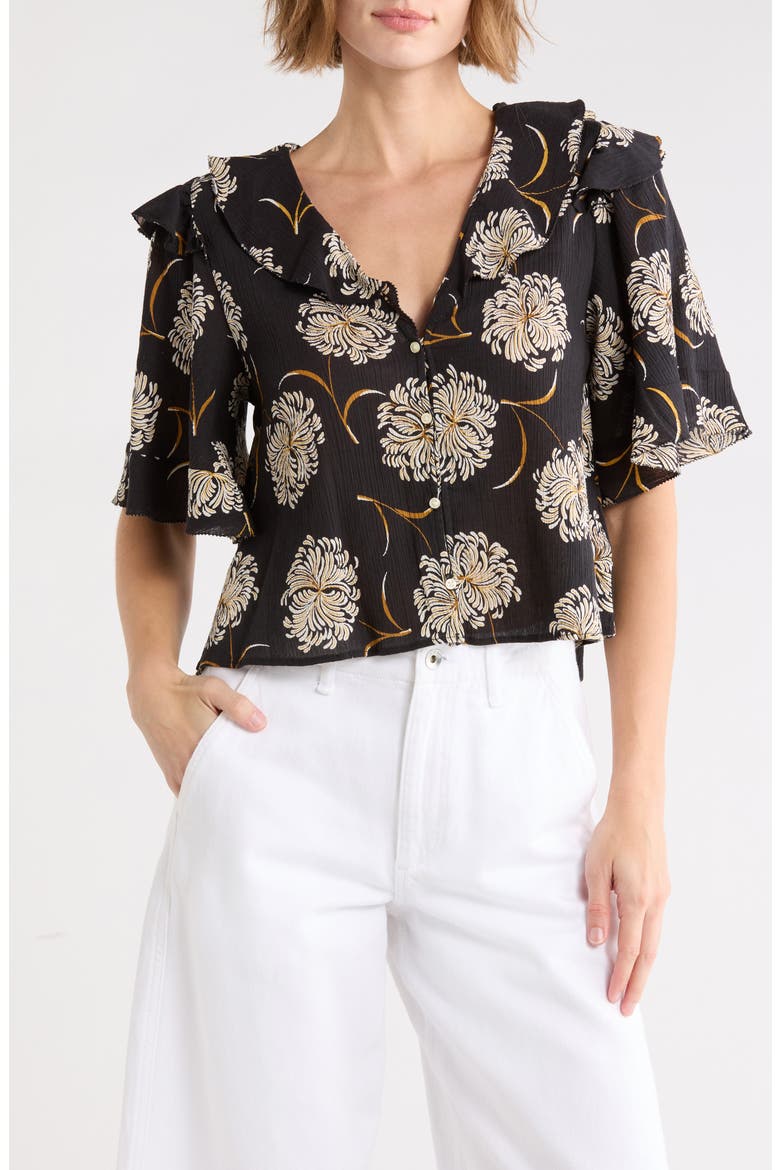 The Bower Ruffle Collar Cotton Top, Main, color, BLACK DANCING FLORAL