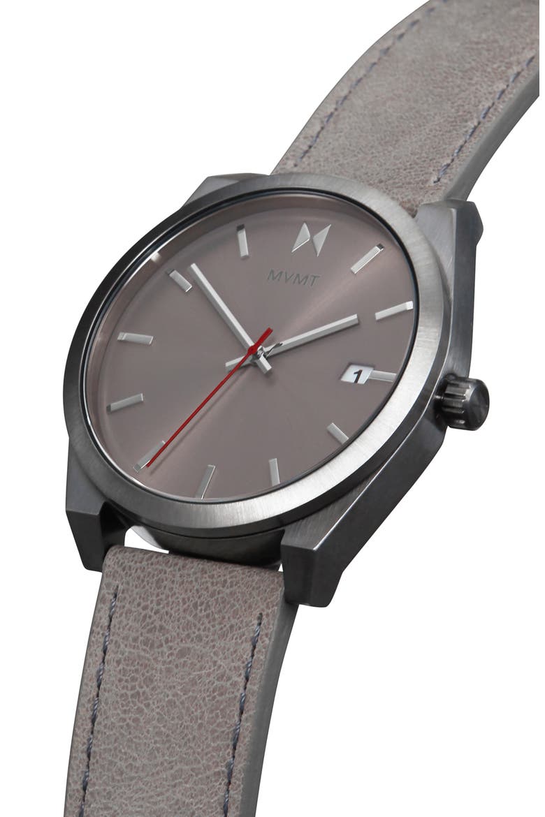 MVMT Element Leather Strap Watch, 43mm, Alternate, color, GREY/ SILVER