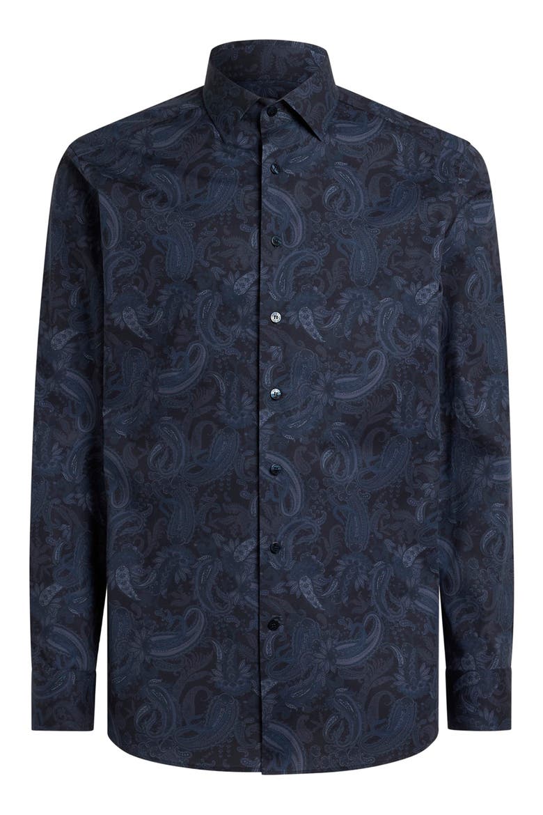 Roma Stretch Cotton Dress Shirt, Main, color, PRINT ON BLUE BASE