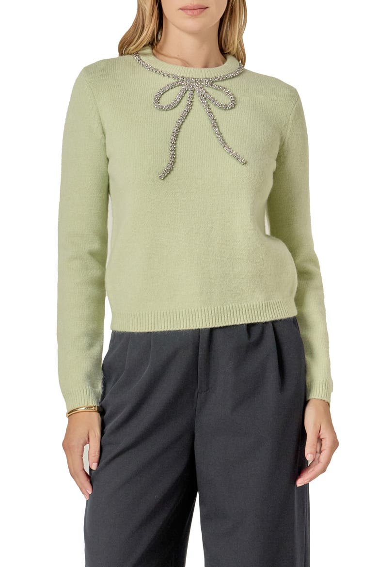 Rhinestone Bow Sweater, Main, color, SAGE