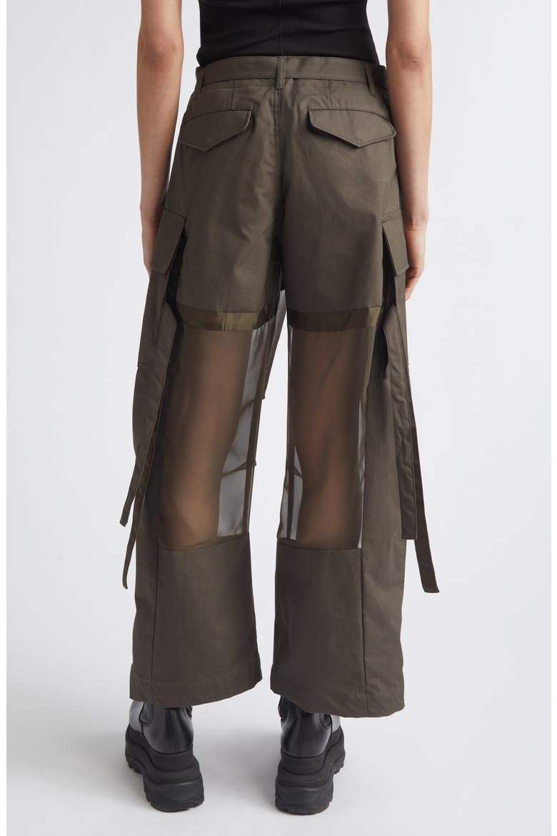 Mixed Media Coated Cotton & Chiffon Wide Leg Cargo Pants, Alternate, color, DARK KHAKI