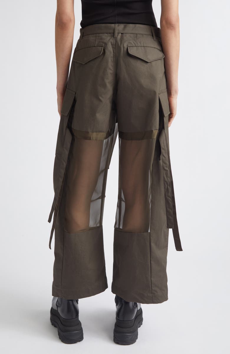 Sacai Mixed Media Coated Cotton & Chiffon Wide Leg Cargo Pants, Alternate, color, Dark Khaki