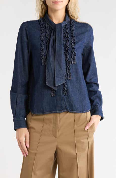 Connor Ruffle Tie Neck Cotton Denim Top
