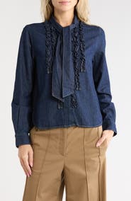 TWP Connor Ruffle Tie Neck Cotton Denim Top