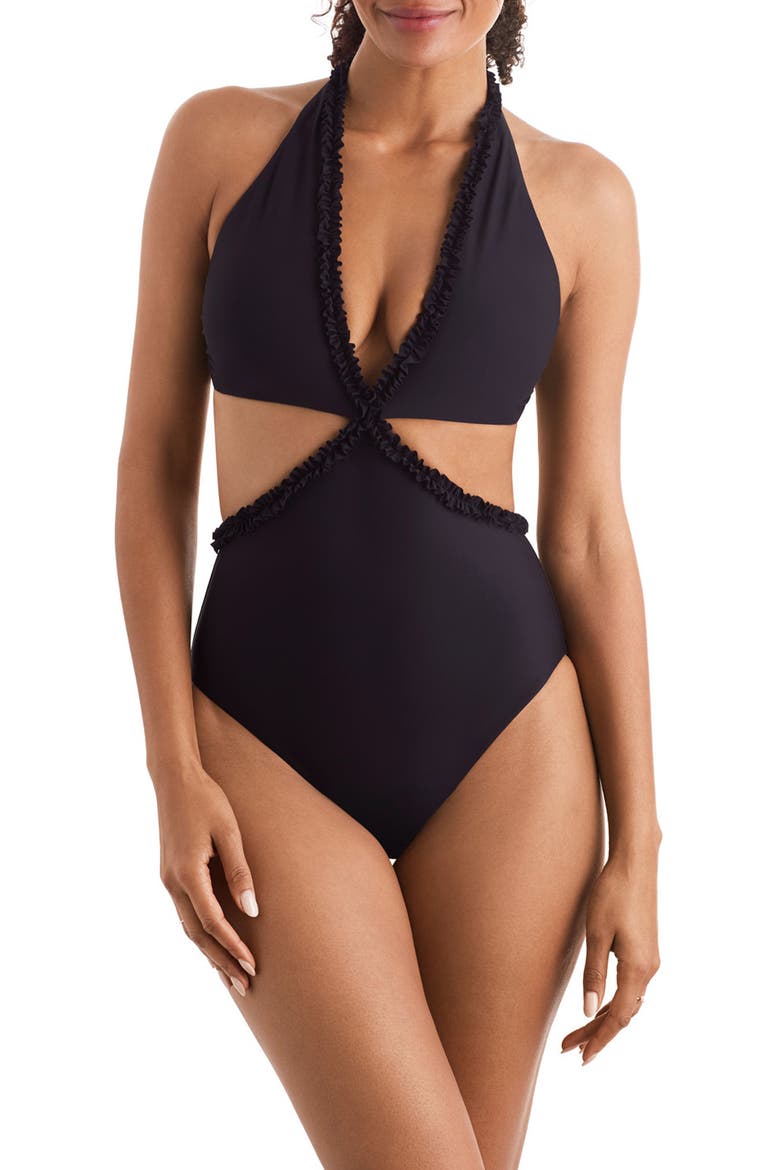 Sonny Ruffle Cutout One-Piece Swimsuit, Main, color, BLACK