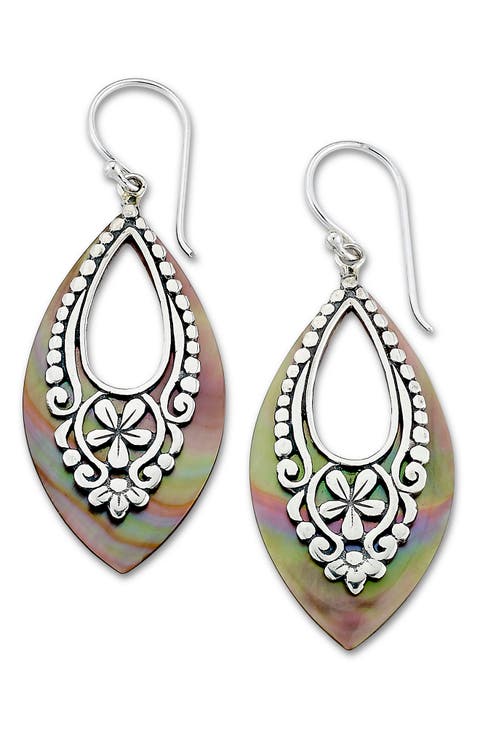 Sterling Silver Grey Mother-of-Pearl Marquise Drop Earrings