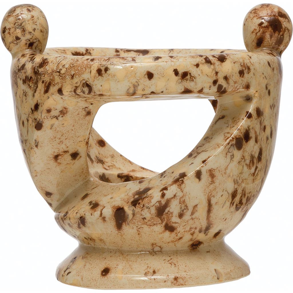Storied Home Stoneware Tealight Holder With Hand-in-hand Figures, Reactive Glaze In Brown