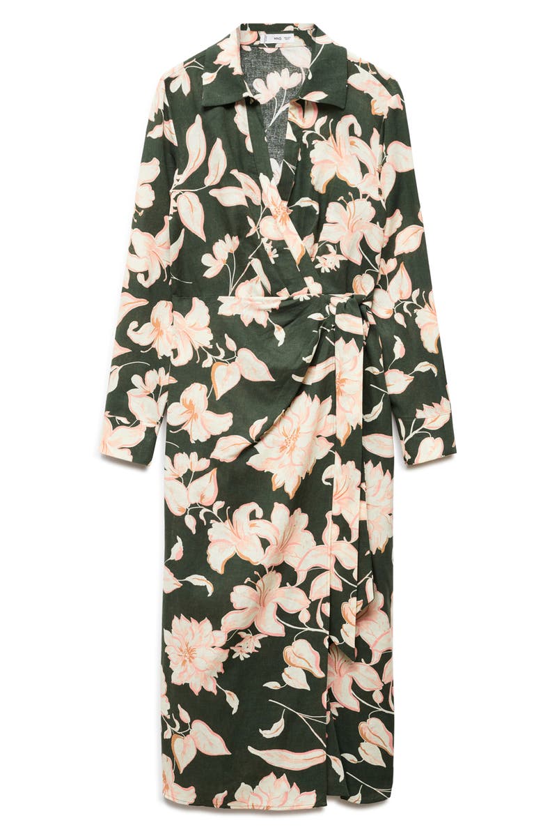 MANGO Carola Tie Waist Long Sleeve Dress, Alternate, color, Green