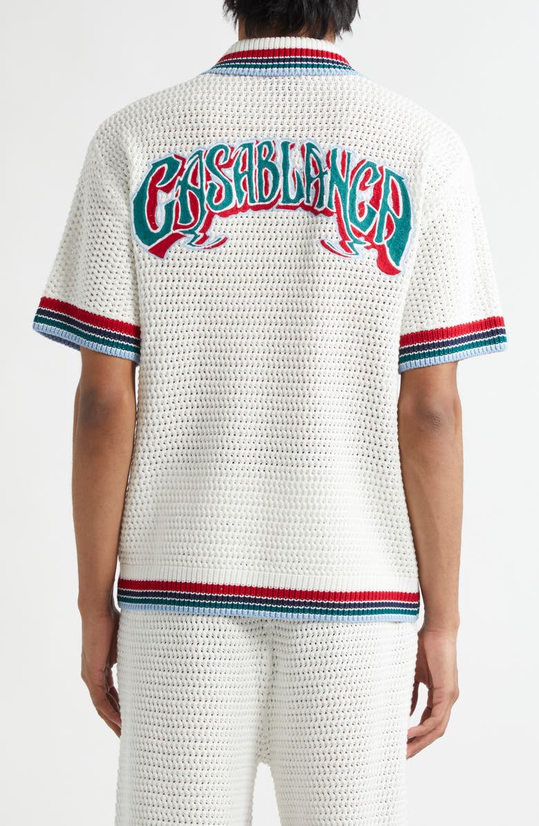 Casablanca Sporty Faux Crochet Cotton Short Sleeve Button-Up Shirt, Alternate, color, 