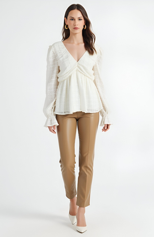 Modenaire Textured Long Sleeve Blouse With Peplum Hem And Back Bow Tie In White