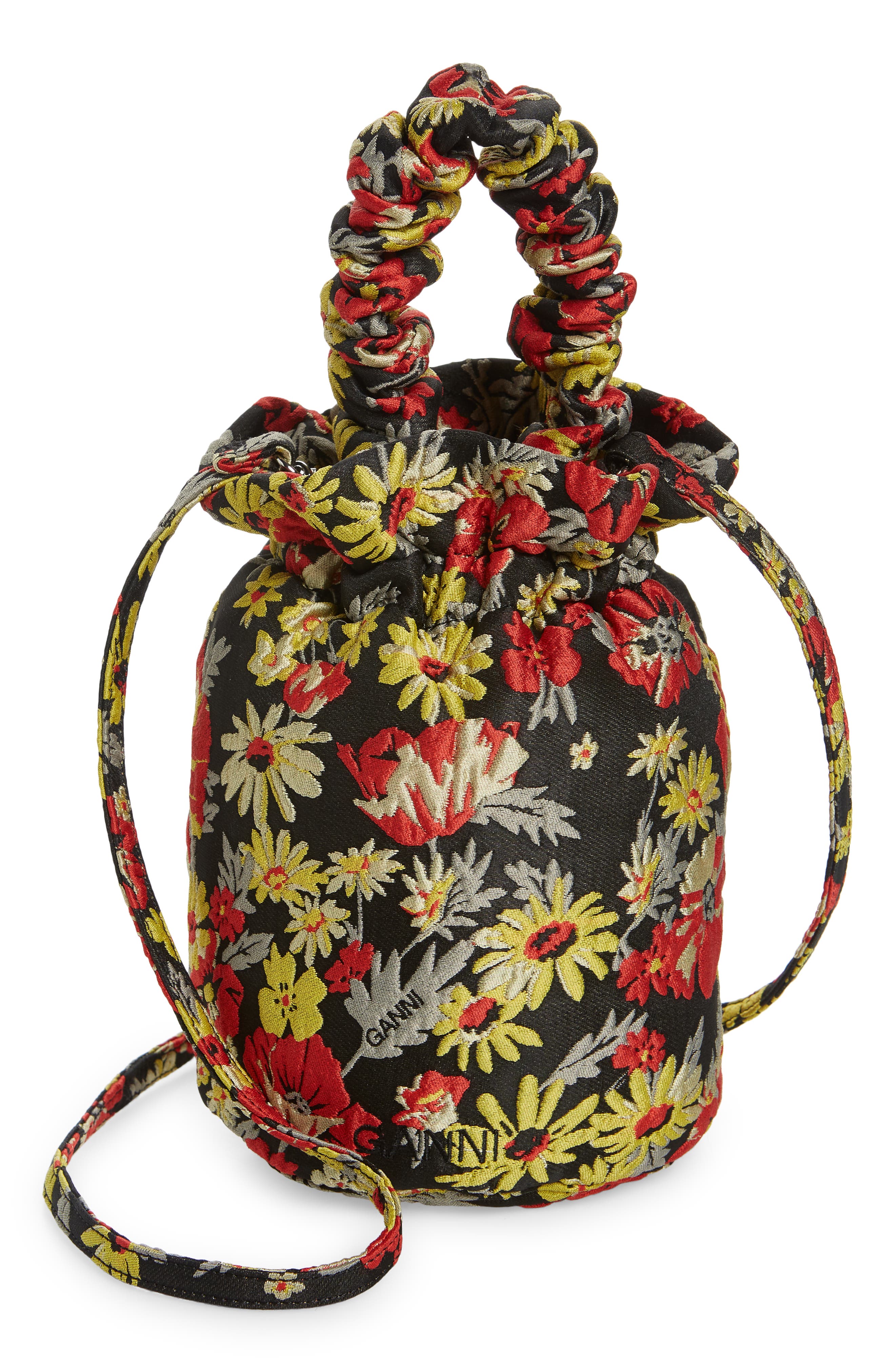Ganni Floral Ruched Top Handle Bag, Main, color, 