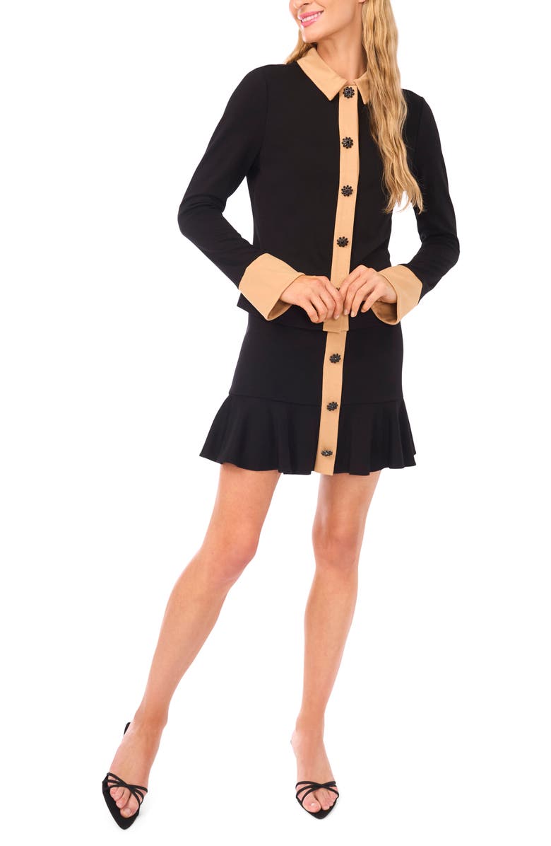 CeCe Crystal Button Knit Button-Up Shirt, Alternate, color, Rich Black