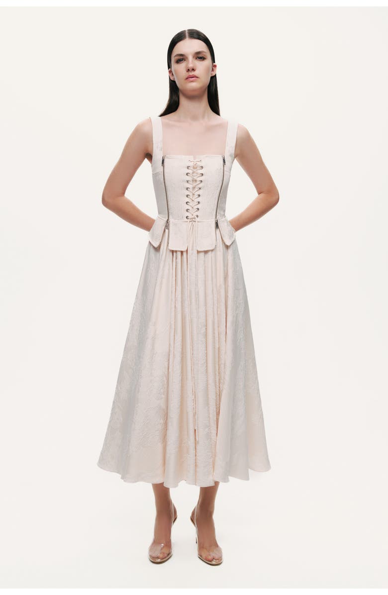Nocturne Lace-Up Corset Midi Dress, Main, color, Ivory