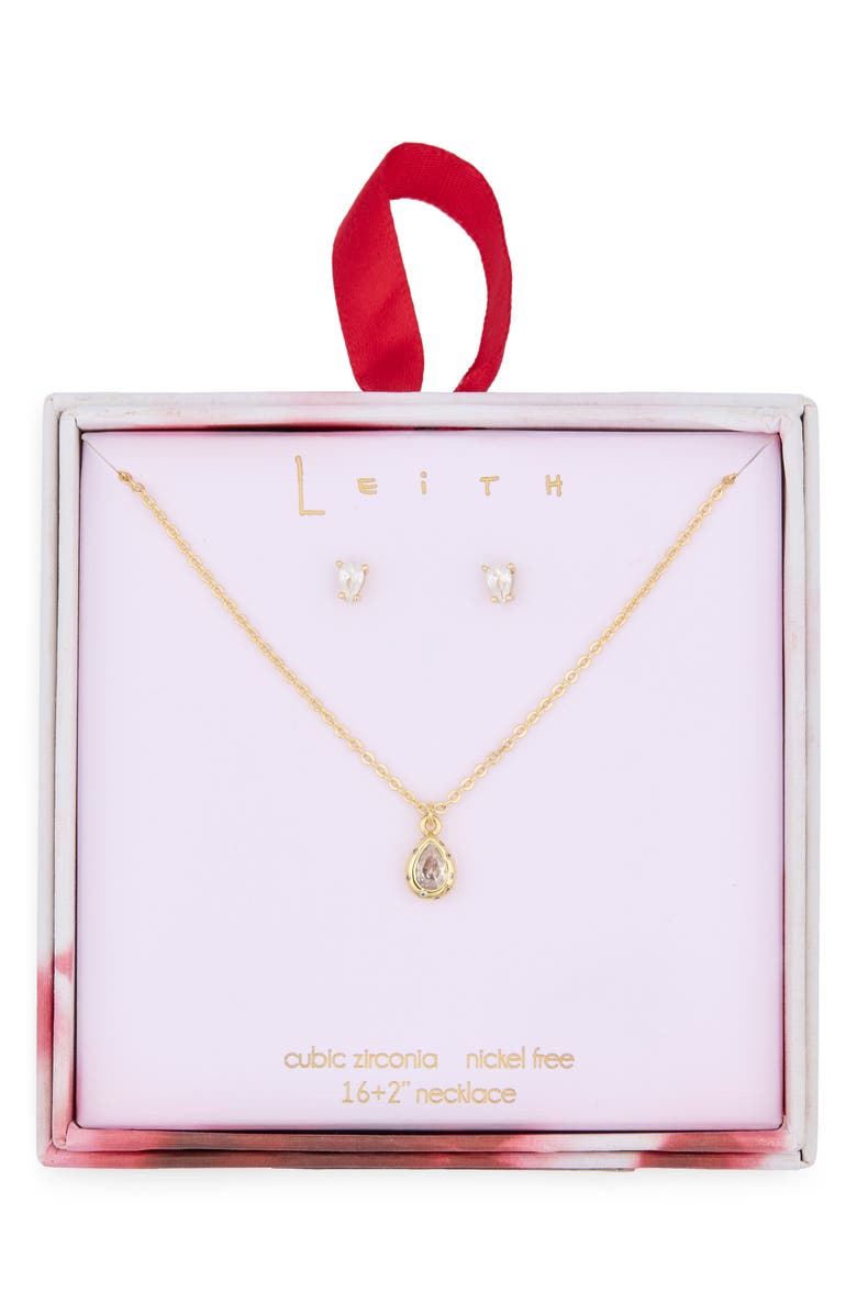 Leith Cubic Zirconia Stud Earrings & Necklace Set, Main, color, Clear- Gold