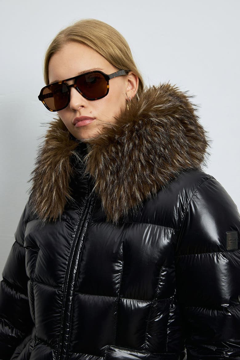 Women's Shiny Down Puffer Jacket With Removable Fur Collar, Alternate, color, Black