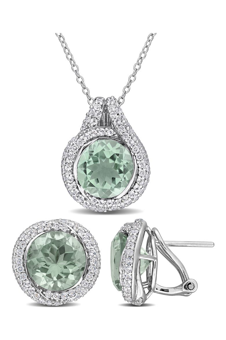 Green Quartz & White Topaz Stud Earrings & Necklace Set, Main, color, GREEN