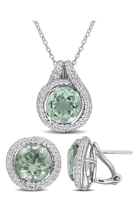 Green Quartz & White Topaz Stud Earrings & Necklace Set