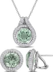 DELMAR Green Quartz & White Topaz Stud Earrings & Necklace Set