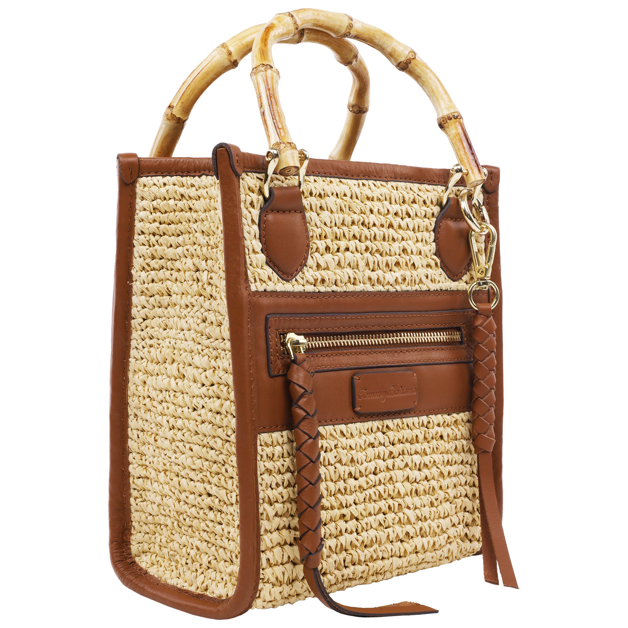 Tommy Bahama Leather and Raffia Handle Tote, Alternate, color, Cognac