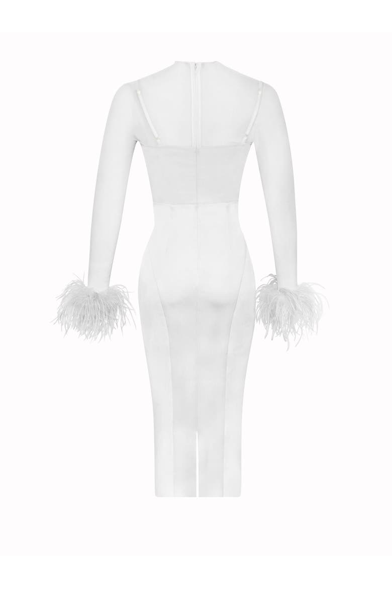 Oaklie Satin Mesh Sleeve Dress With Feathers, Alternate, color, White