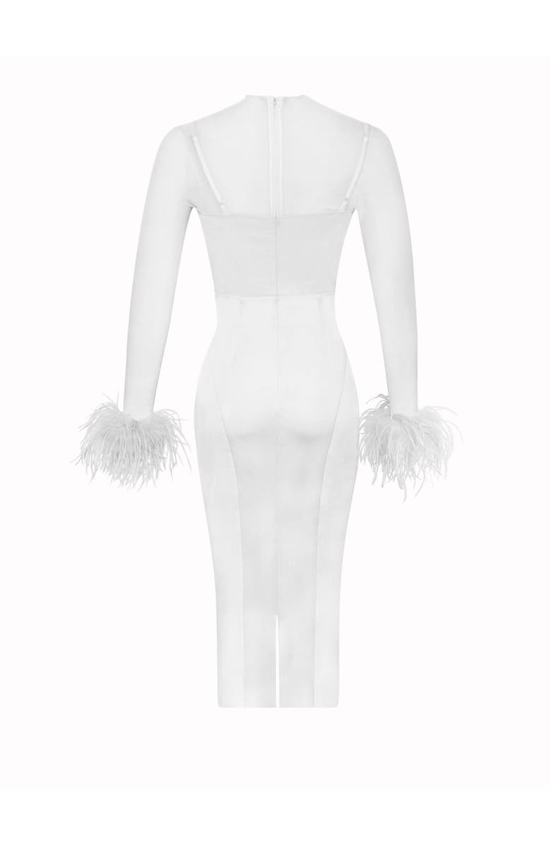 Miss Circle Oaklie Satin Mesh Sleeve Dress With Feathers, Alternate, color, White
