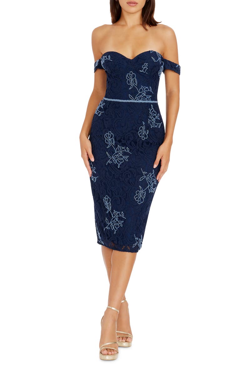 Marietta Beaded Lace Off the Shoulder Cotton Blend Cocktail Dress, Main, color, NAVY MULTI