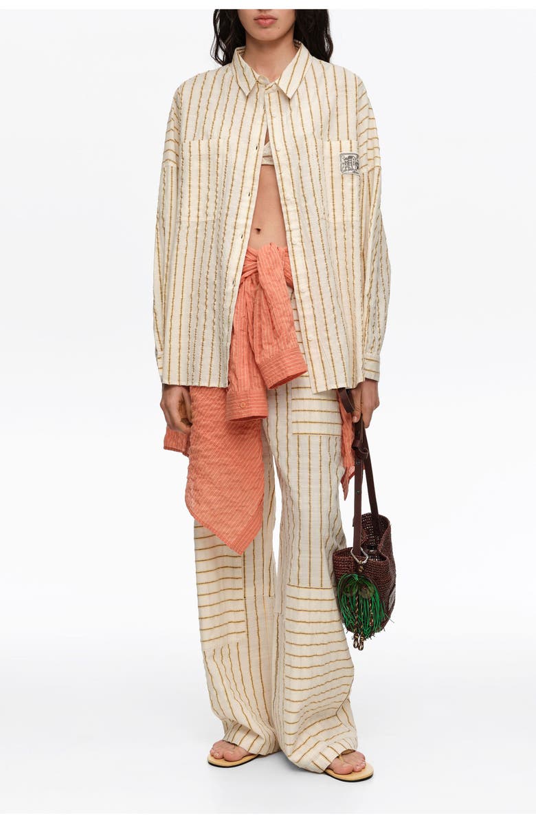 Bimba y Lola Ocher Striped Textured Cotton Oversize Shirt, Alternate, color, Mustard
