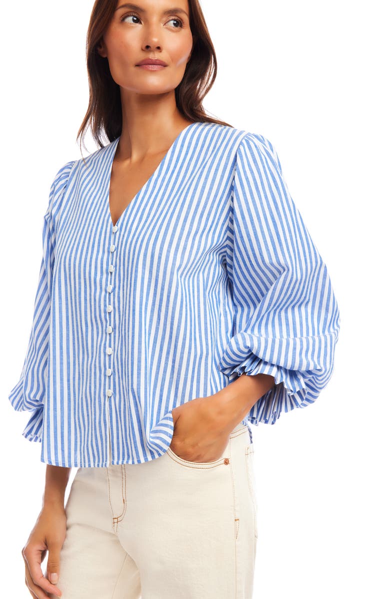 Karen Kane Stripe Ruffle Cuff Cotton Button-Up Top, Alternate, color, Blue Multi