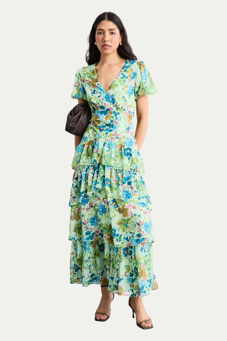 Waist Puff Sleeve Tiered Midi Dress, Alternate, color, Green