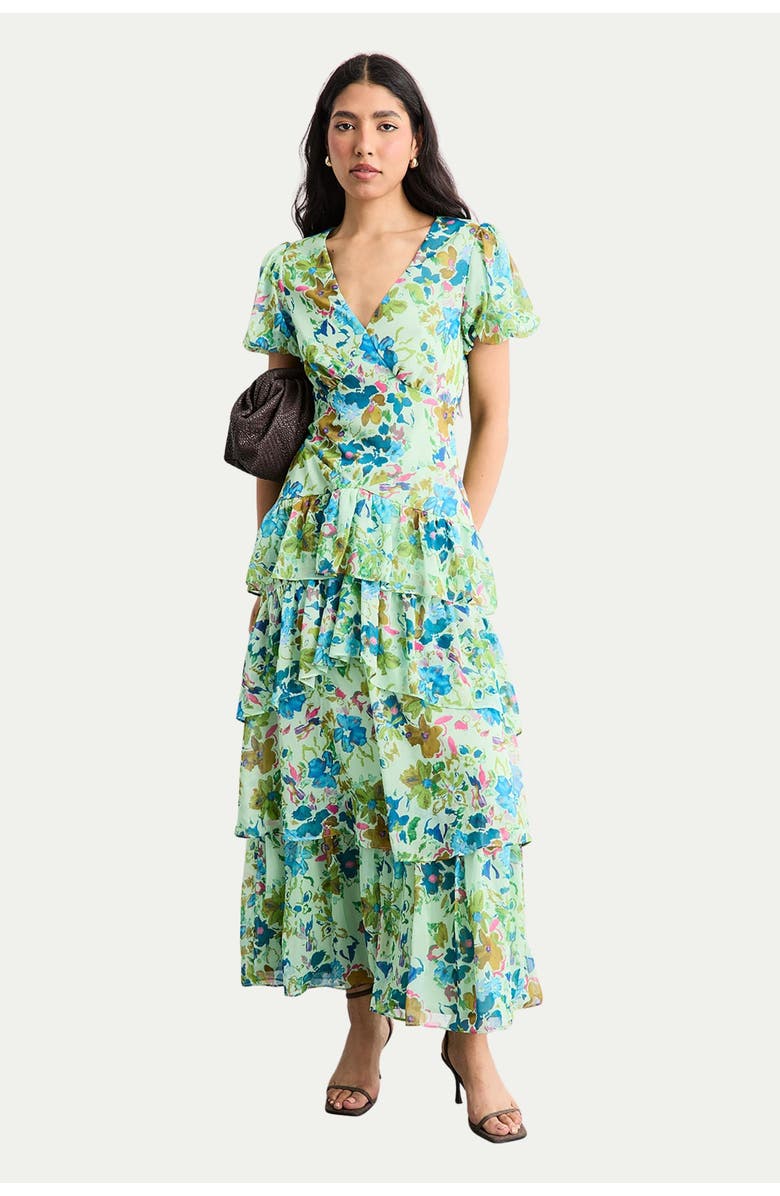 Warehouse Waist Puff Sleeve Tiered Midi Dress, Alternate, color, Green