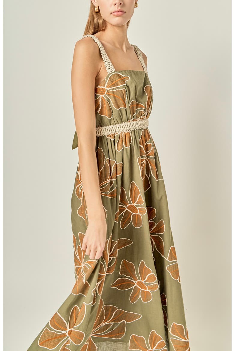 Embroidered Floral Waist Cutout Cotton Maxi Dress, Alternate, color, OLIVE/ CREAM