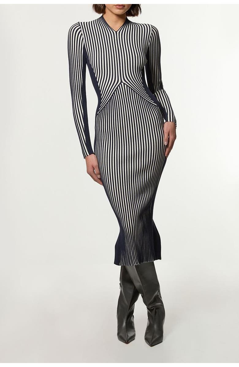 Karen Millen Stripe Fitted Knitted Midi Dress, Alternate, color, Navy