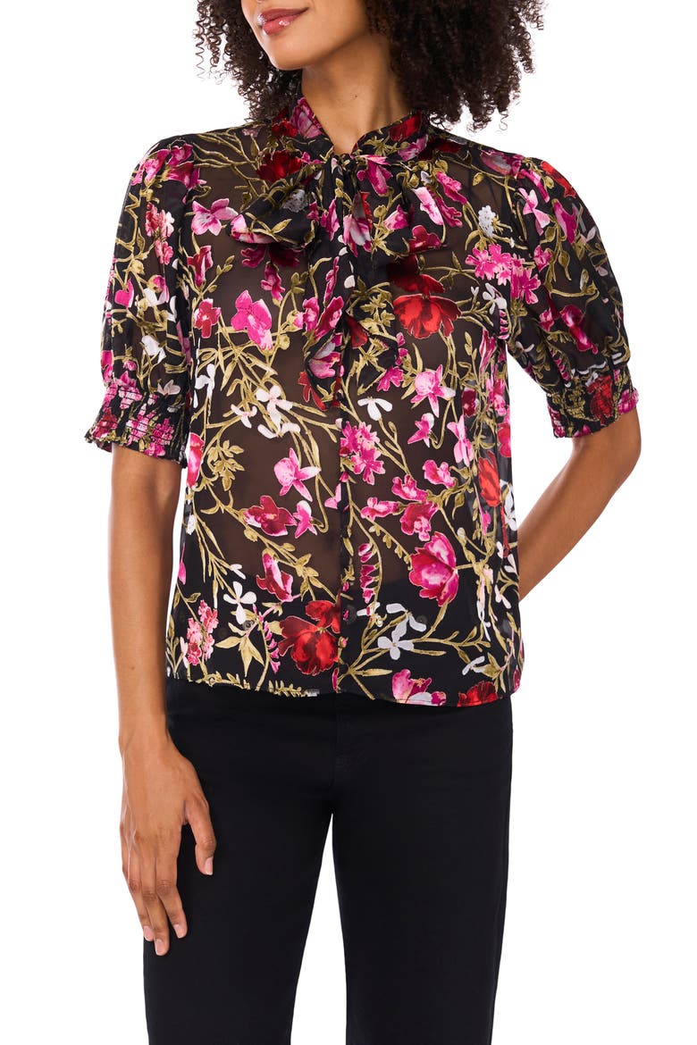 Floral Burnout Puff Sleeve Top, Main, color, RICH BLACK
