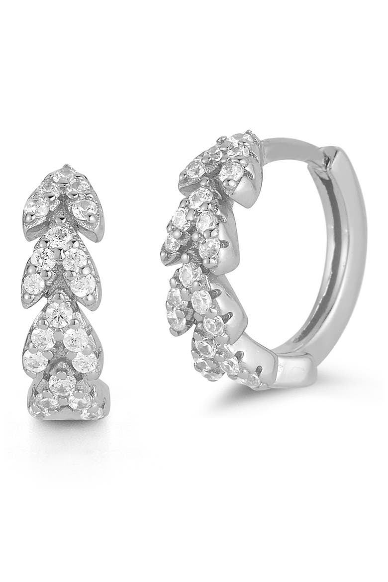 Rhodium Plated Sterling Silver CZ Scalloped Huggie Earrings, Main, color, SILVER