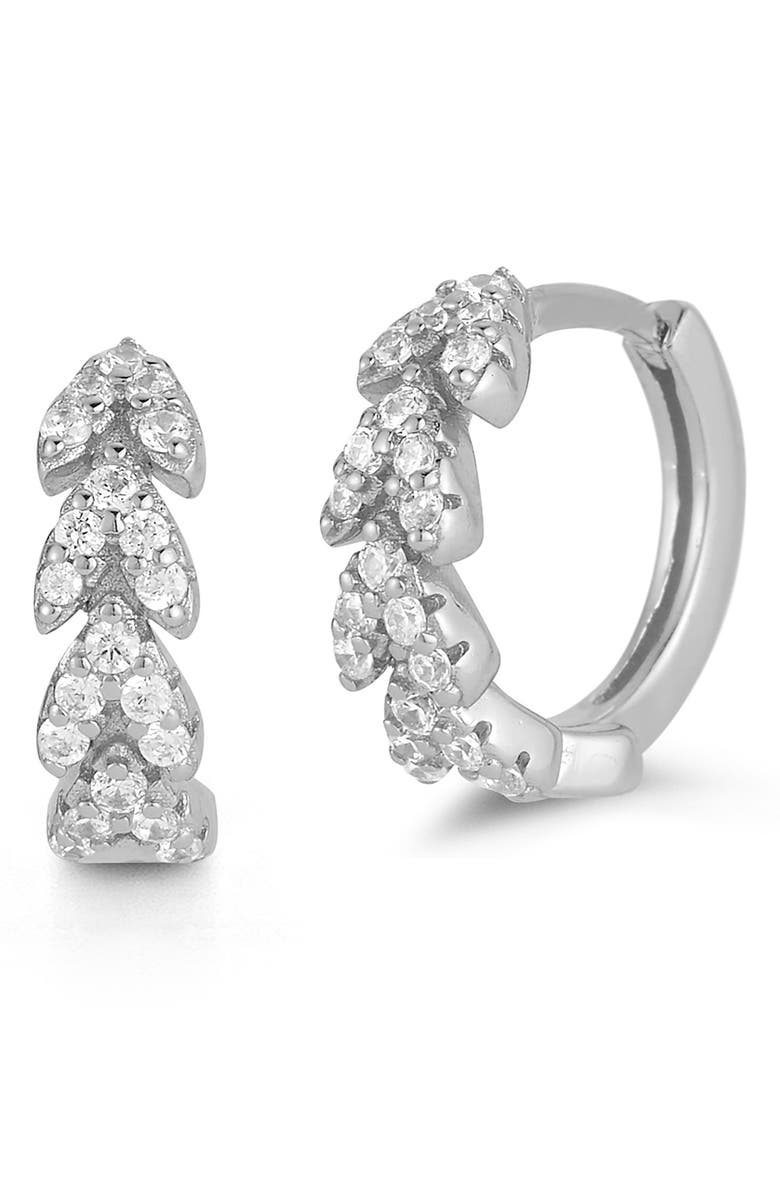 GLAZE JEWELRY Rhodium Plated Sterling Silver CZ Scalloped Huggie Earrings, Main, color, 