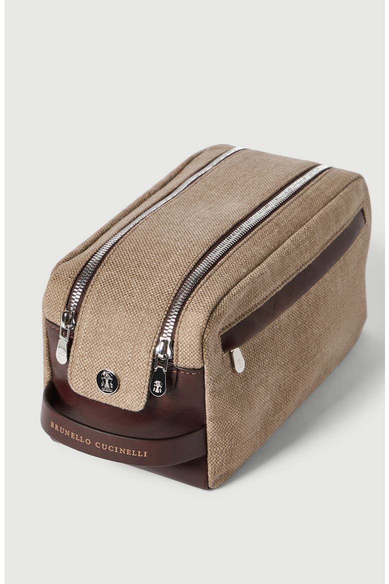 Water-resistant canvas and burnished calfskin beauty case with double zipper, Alternate, color, Leather