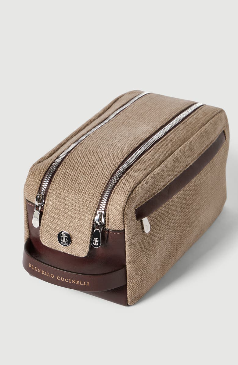 Brunello Cucinelli Canvas and burnished calfskin beauty case, Alternate, color, Leather