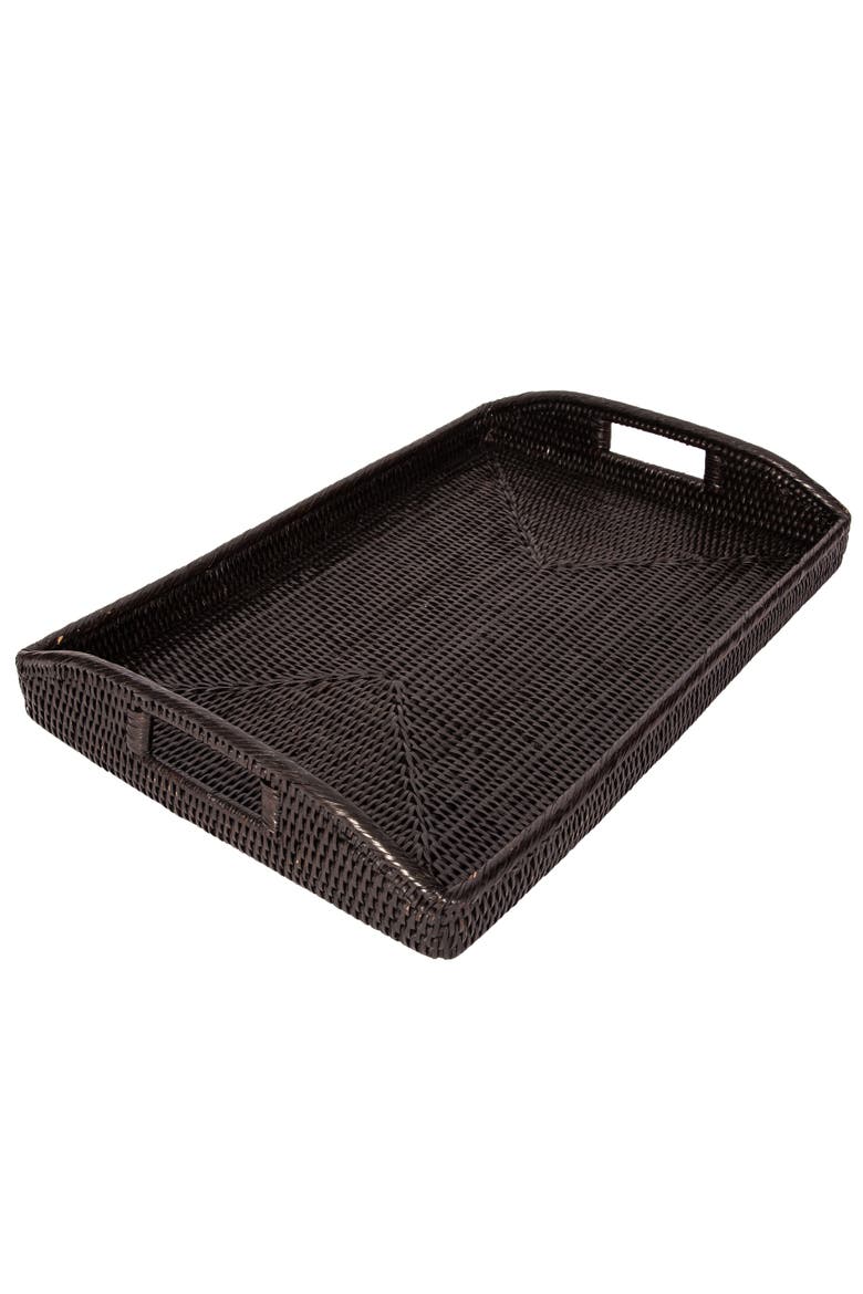 Rectangular Rattan Serving Tray with High Handles, Main, color, Tudor Black