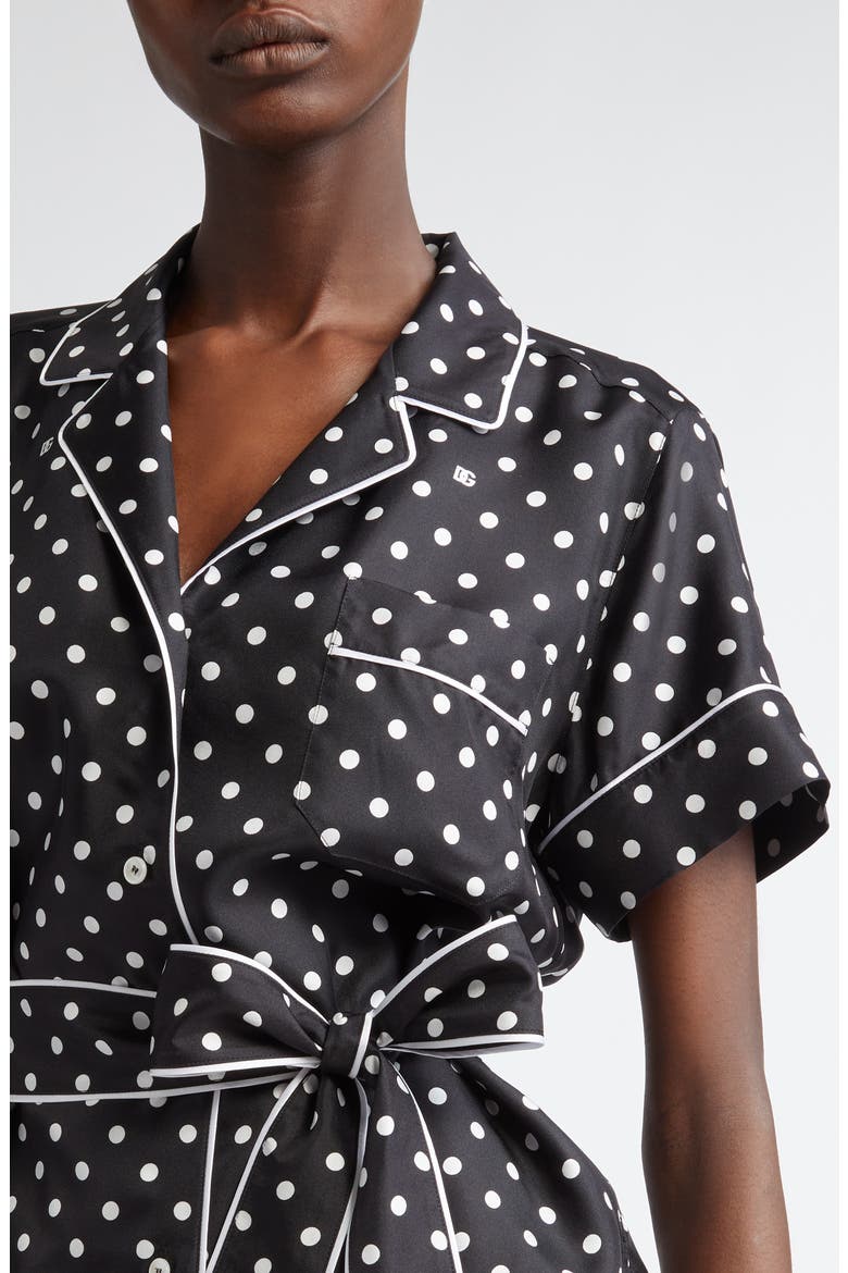 Polka Dot Belted Silk Pajama Shirt, Alternate, color, NERO