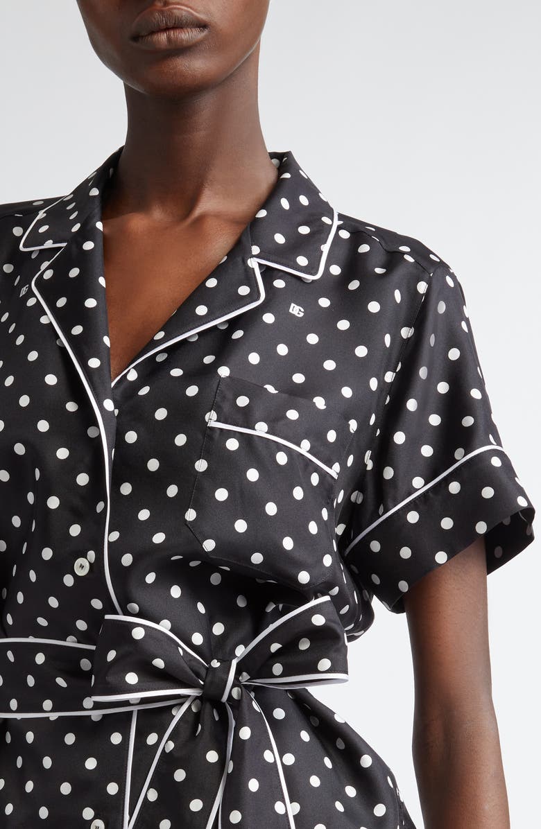 Dolce&Gabbana Polka Dot Belted Silk Pajama Shirt, Alternate, color, Nero